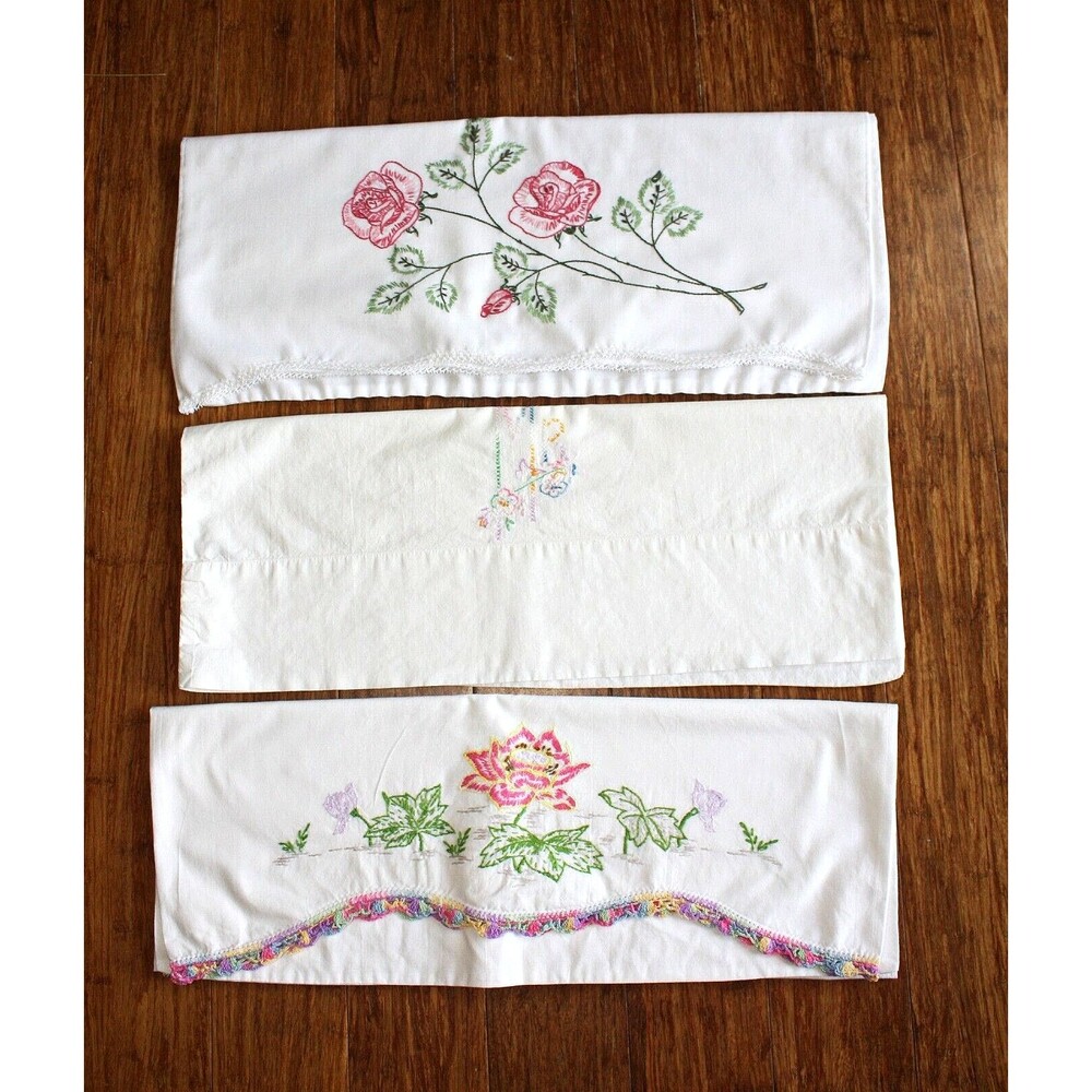 3 Vintage Cotton Pillowcases Embroidery Crochet Lace Standard Cottagecore #04